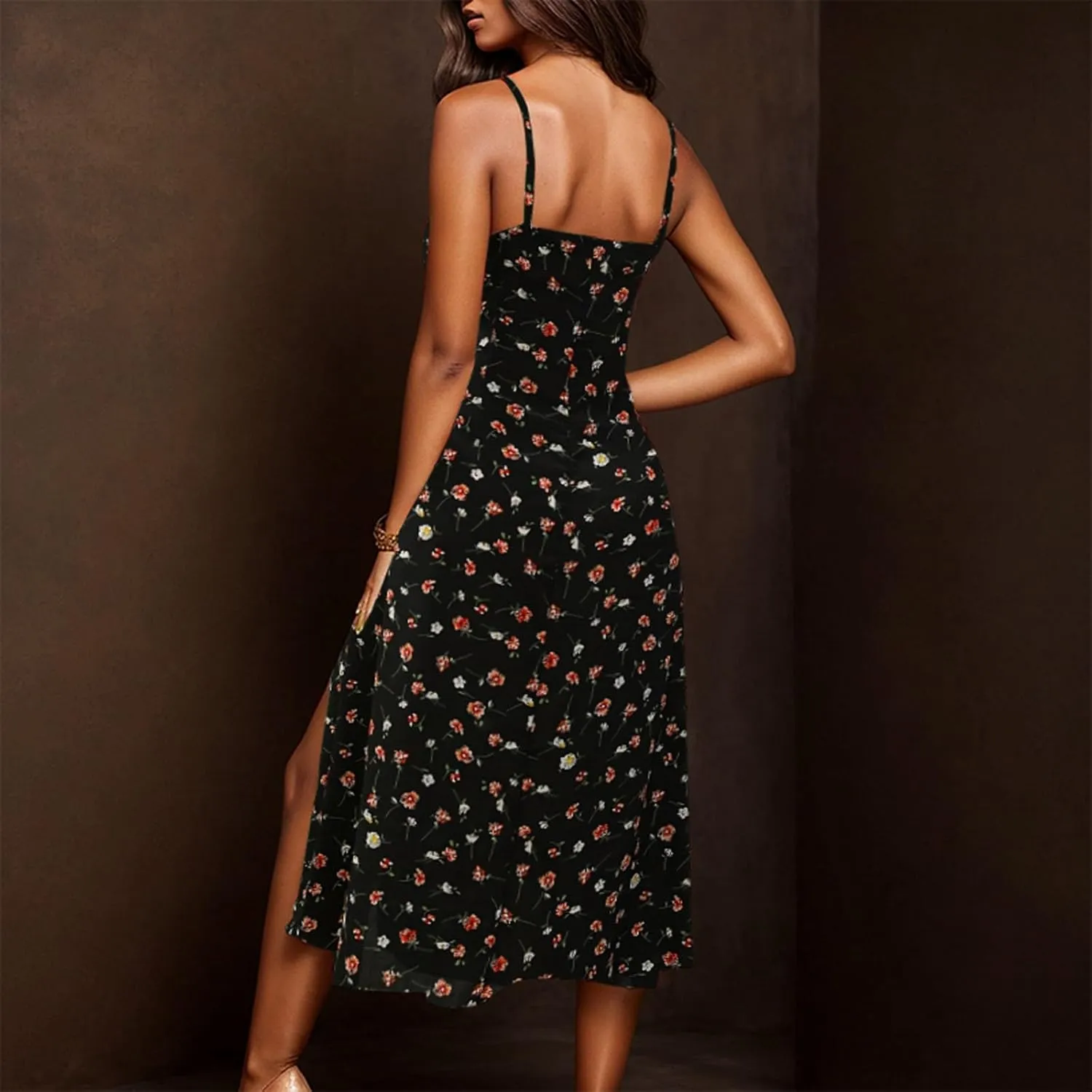 GOKKILRW Women Summer Dresses 2025 Spaghetti Straps Sleeveless Slim Fit Side Slit Sundress Boho Flowy Loose A-Line Midi Dress