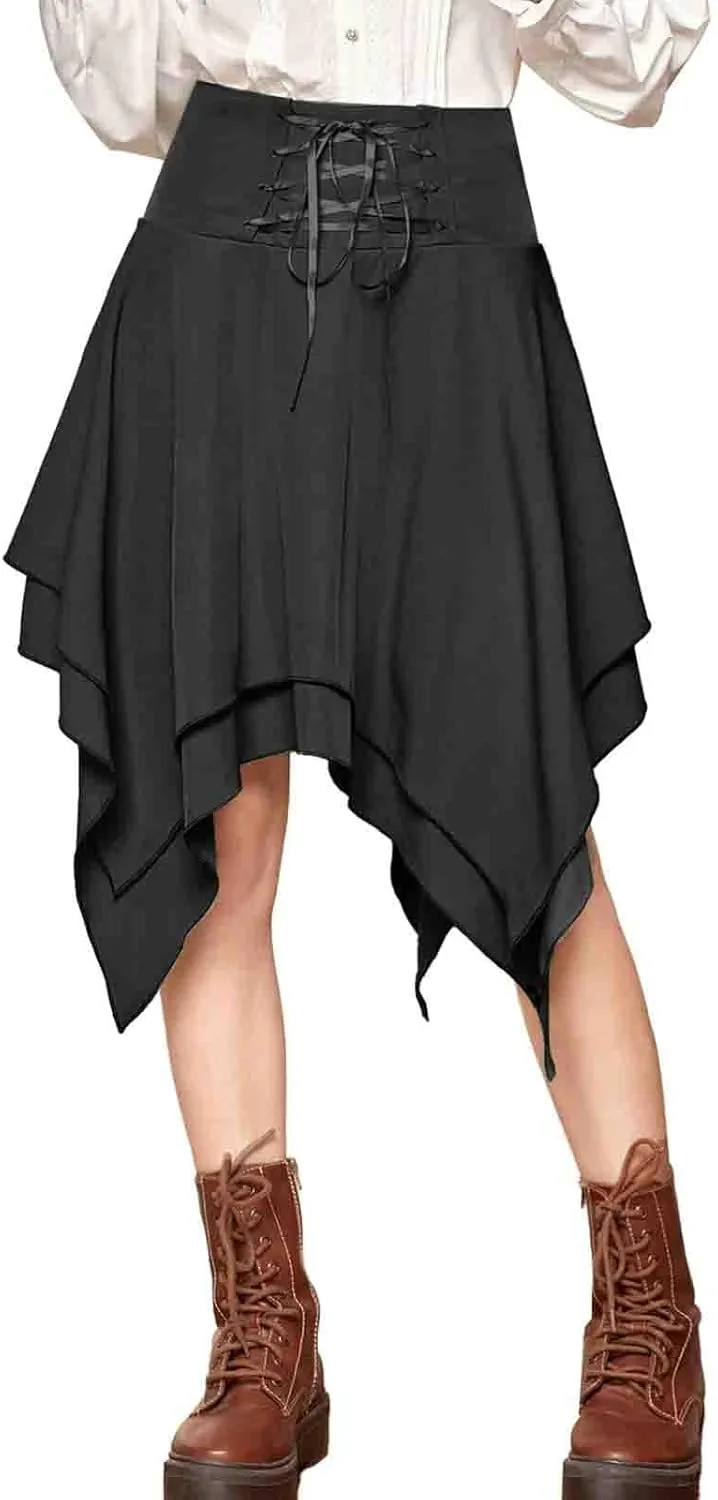 Gothic Skirts for Women Vintage Renaissance Skirt Lace Up A Line Skirt Flowy Asymmetrical Skirts Layered Fairy Skirt