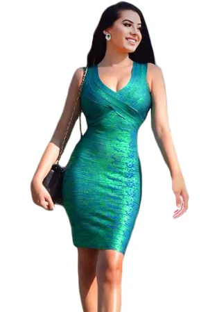 Green Gold Foil Midi Luxe Bandage Dress