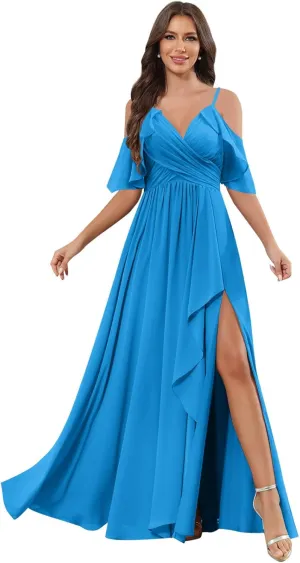 GUKARLEED Women's Cold Shoulder Chiffon Bridesmaids Dresses with Slit Long Ruffle Wedding Guest Formal Party Dress for Junior