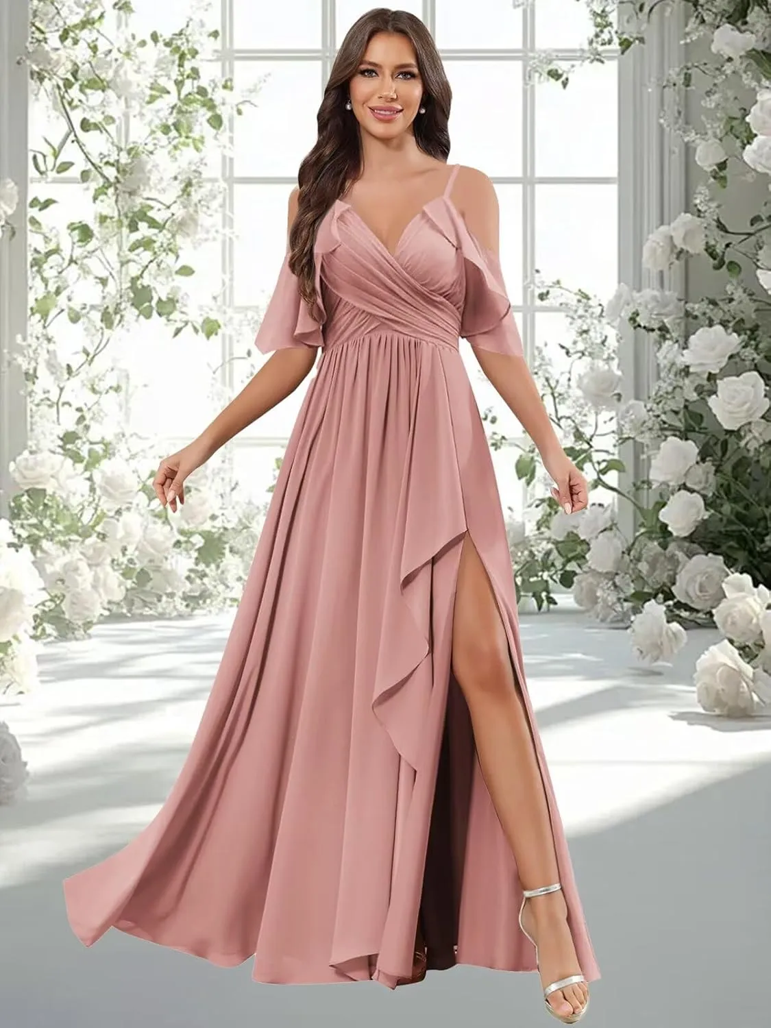 GUKARLEED Women's Cold Shoulder Chiffon Bridesmaids Dresses with Slit Long Ruffle Wedding Guest Formal Party Dress for Junior