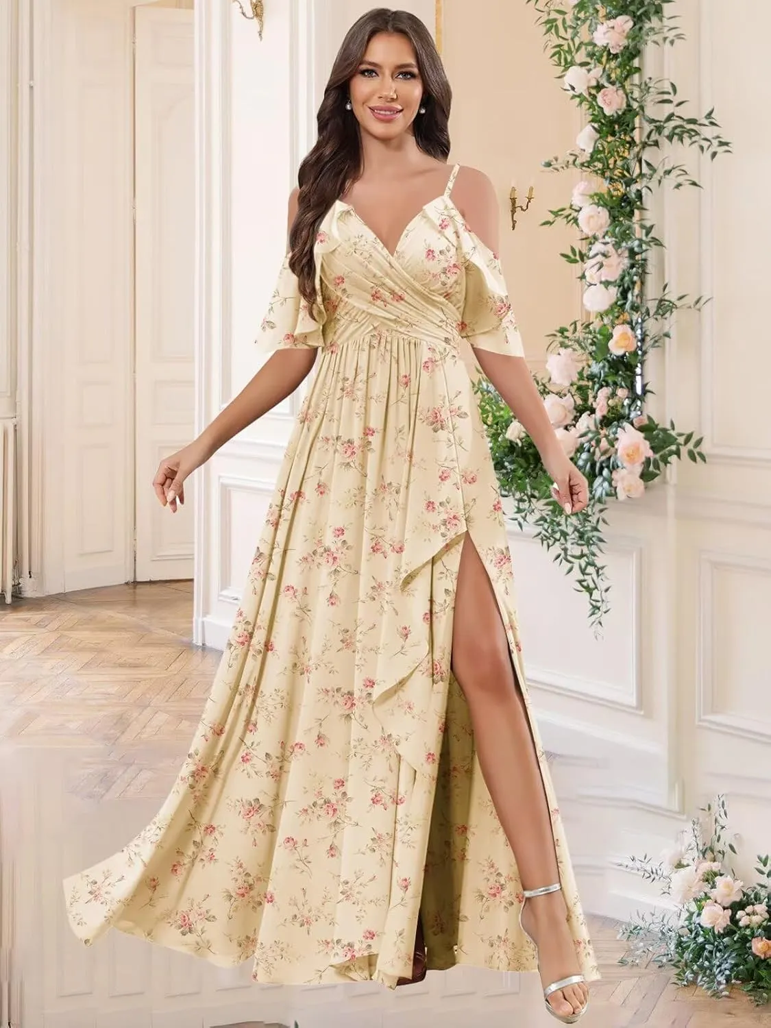GUKARLEED Women's Cold Shoulder Chiffon Bridesmaids Dresses with Slit Long Ruffle Wedding Guest Formal Party Dress for Junior