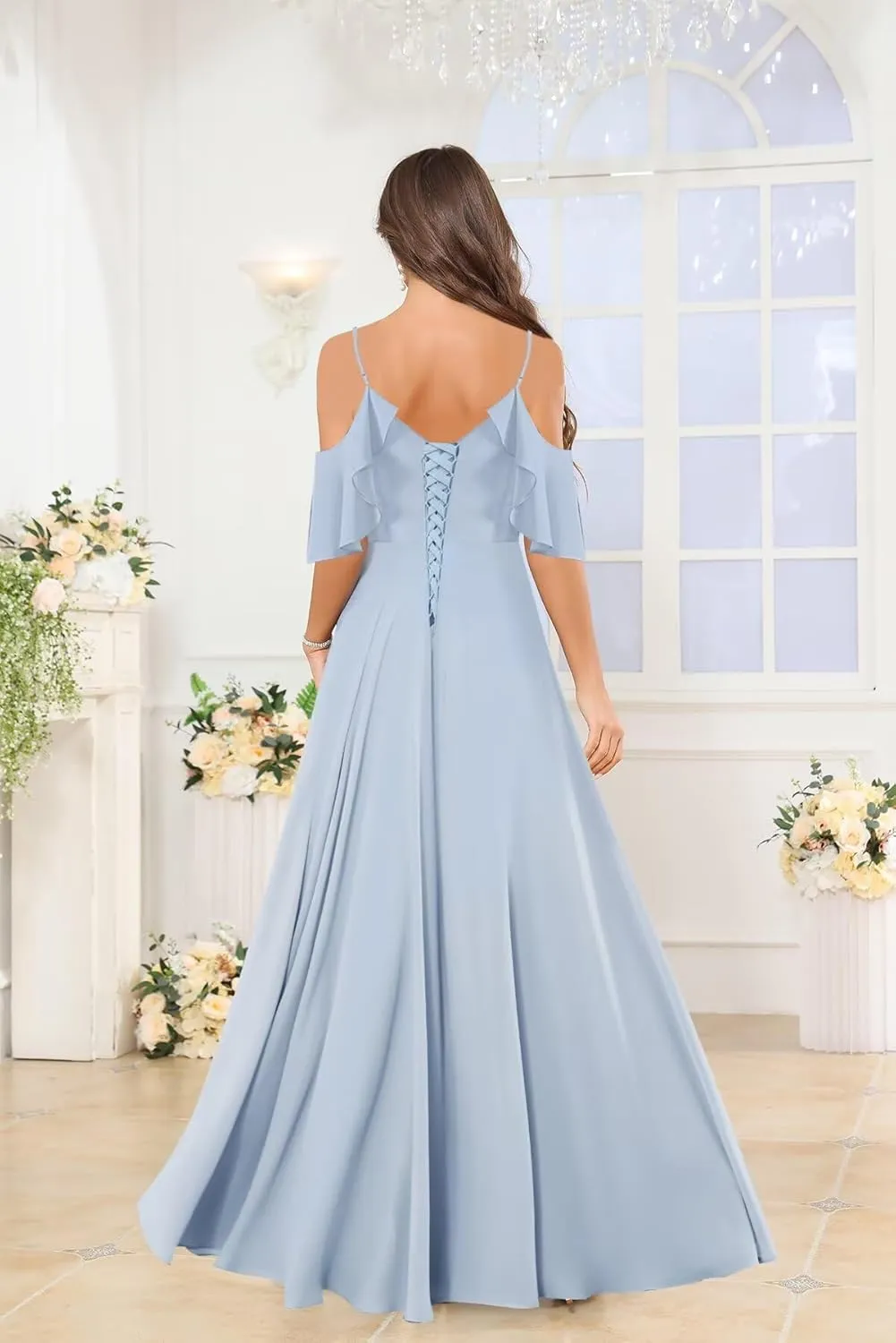 GUKARLEED Women's Cold Shoulder Chiffon Bridesmaids Dresses with Slit Long Ruffle Wedding Guest Formal Party Dress for Junior