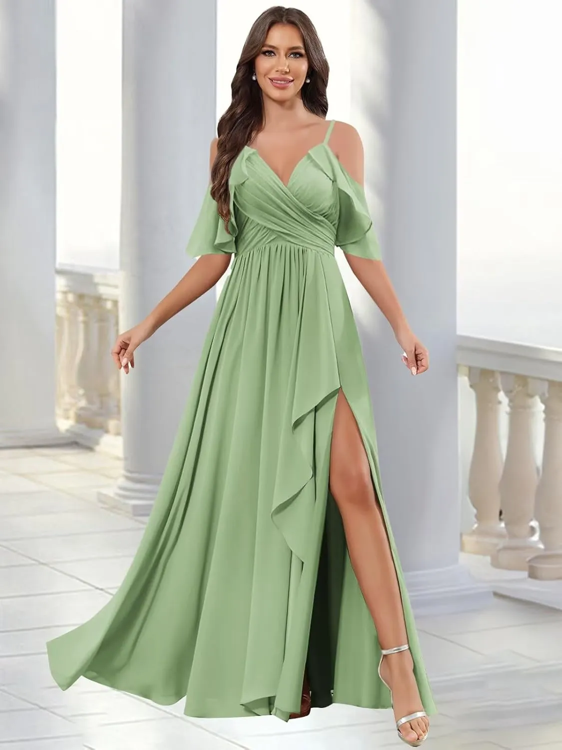 GUKARLEED Women's Cold Shoulder Chiffon Bridesmaids Dresses with Slit Long Ruffle Wedding Guest Formal Party Dress for Junior
