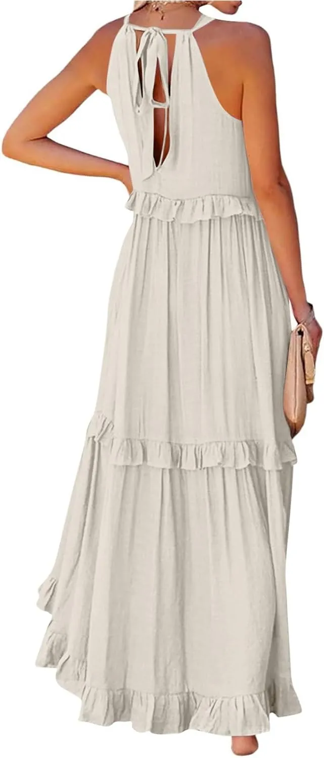 Halter Maxi Dresses for Women Flowy Summer Sleeveless Ruffle Dress Summer Smocked Layered Formal Long Dresses