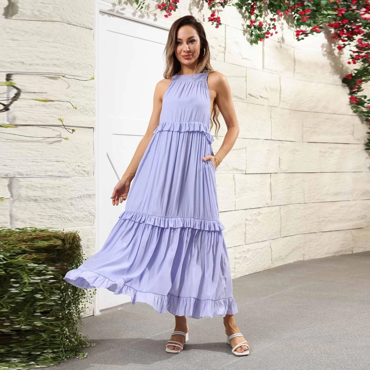 Halter Maxi Dresses for Women Flowy Summer Sleeveless Ruffle Dress Summer Smocked Layered Formal Long Dresses