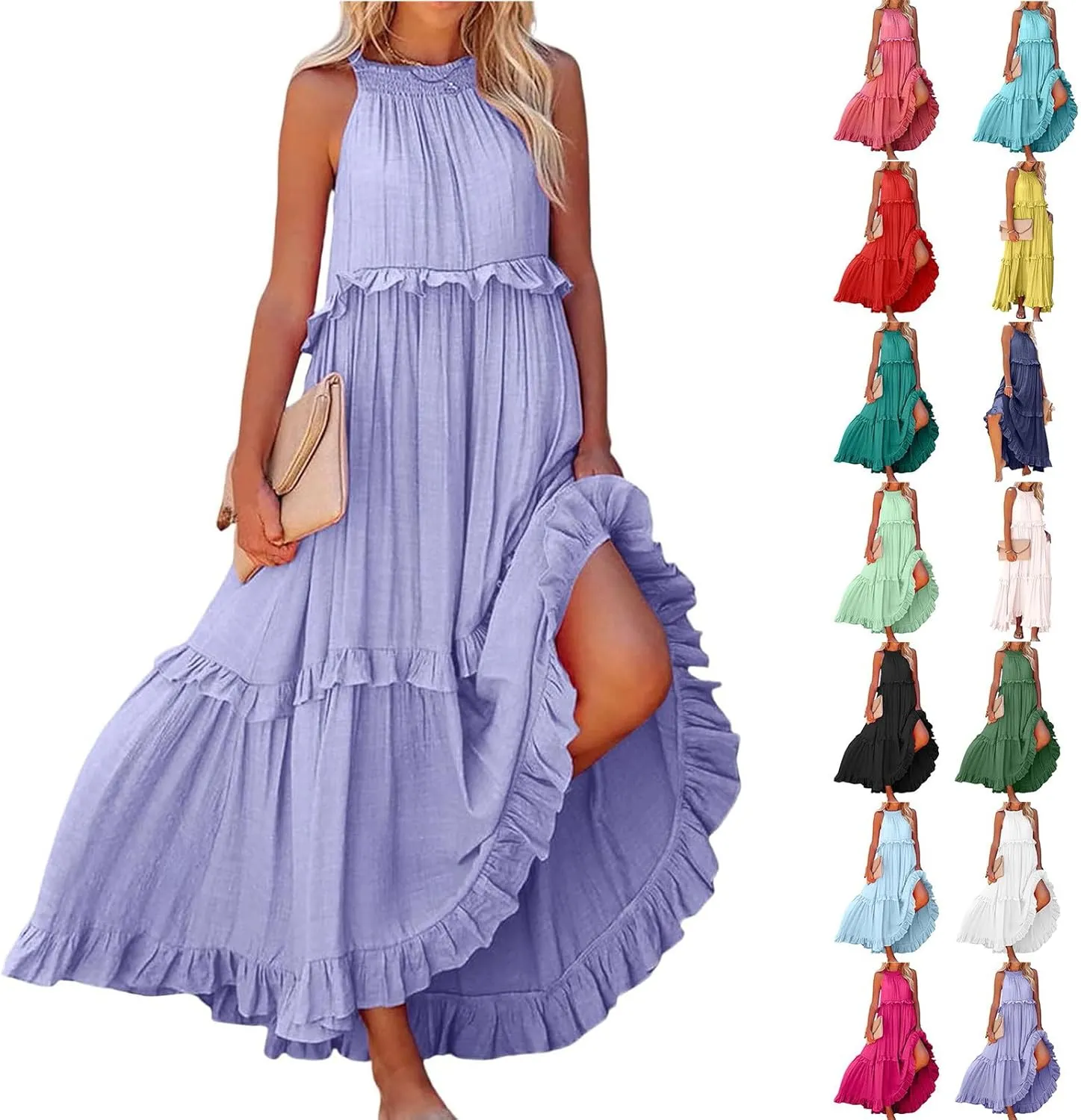 Halter Maxi Dresses for Women Flowy Summer Sleeveless Ruffle Dress Summer Smocked Layered Formal Long Dresses