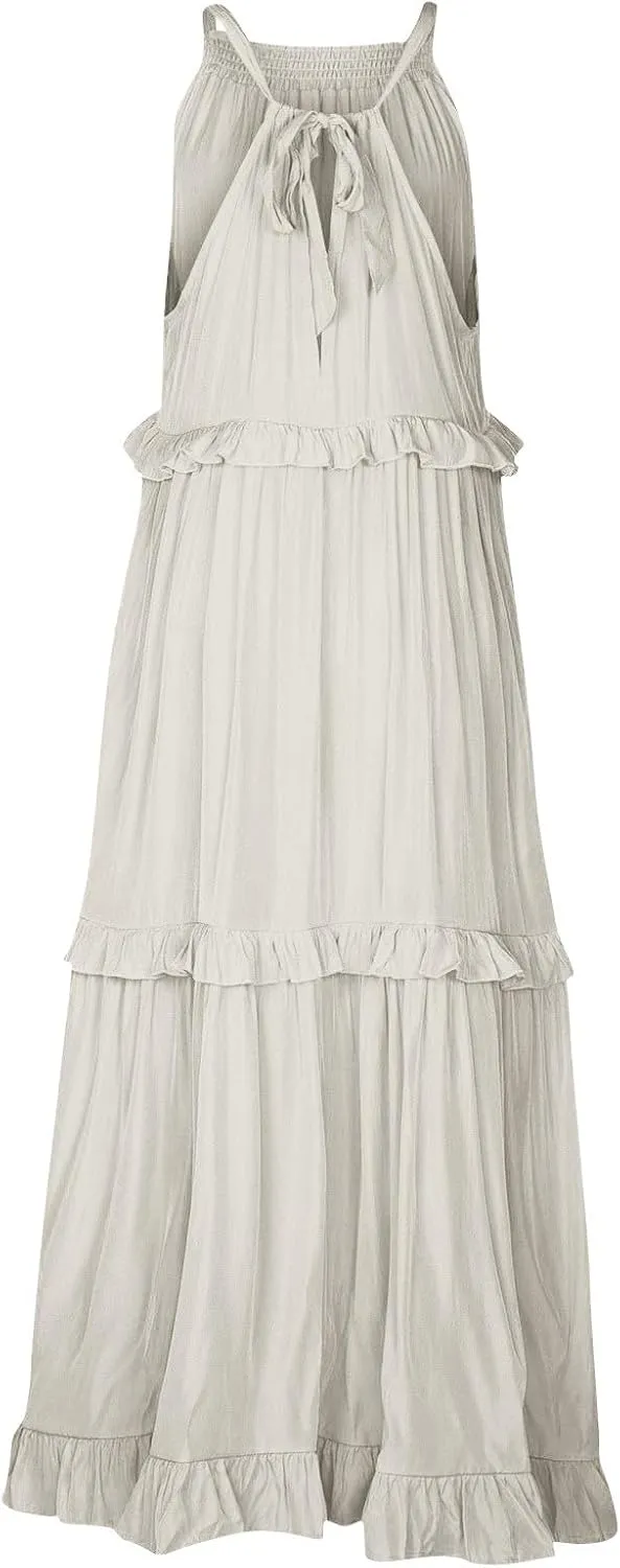 Halter Maxi Dresses for Women Flowy Summer Sleeveless Ruffle Dress Summer Smocked Layered Formal Long Dresses