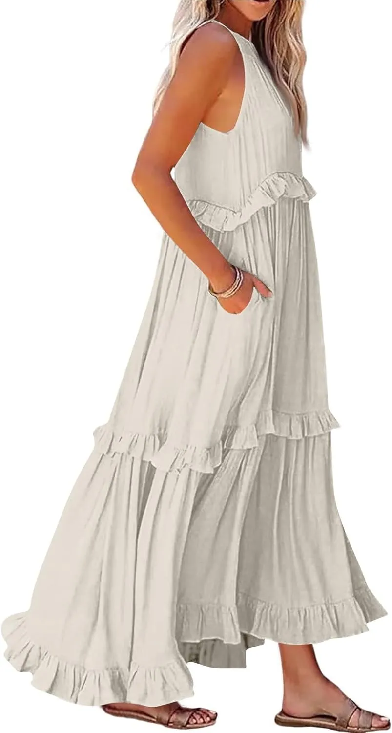 Halter Maxi Dresses for Women Flowy Summer Sleeveless Ruffle Dress Summer Smocked Layered Formal Long Dresses