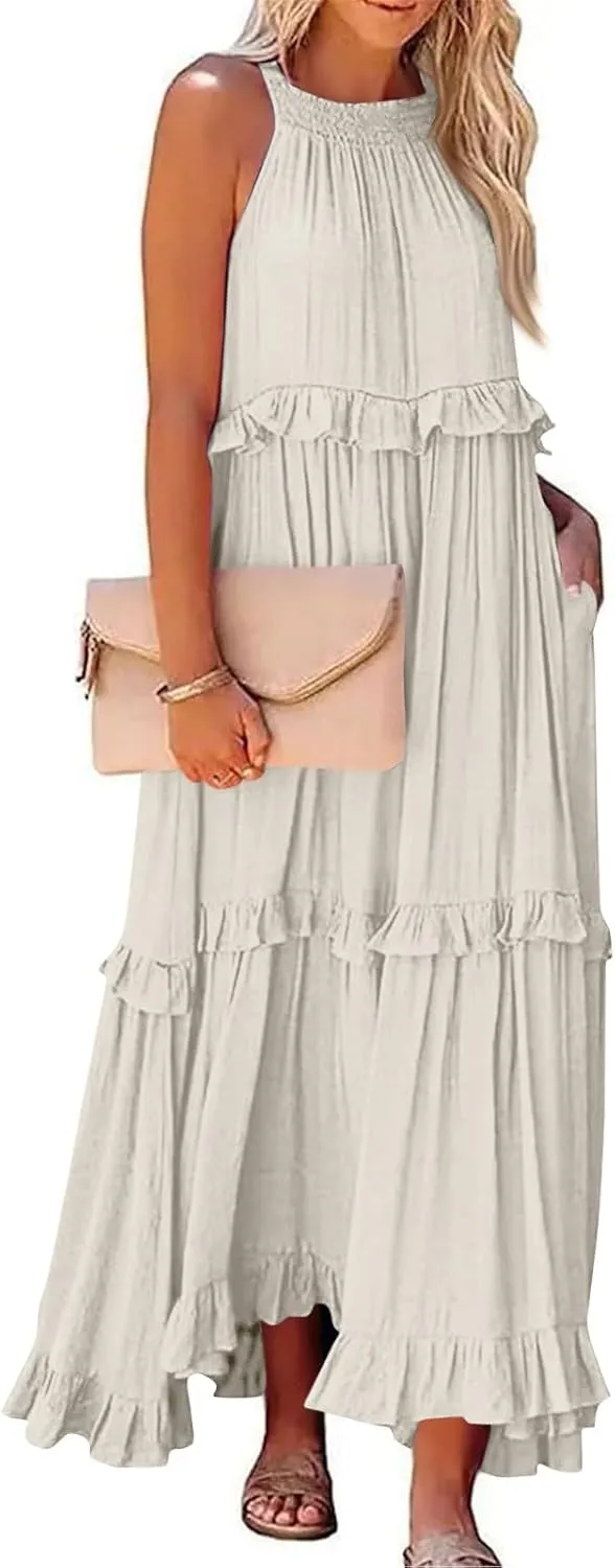 Halter Maxi Dresses for Women Flowy Summer Sleeveless Ruffle Dress Summer Smocked Layered Formal Long Dresses