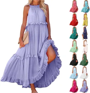 Halter Maxi Dresses for Women Flowy Summer Sleeveless Ruffle Dress Summer Smocked Layered Formal Long Dresses