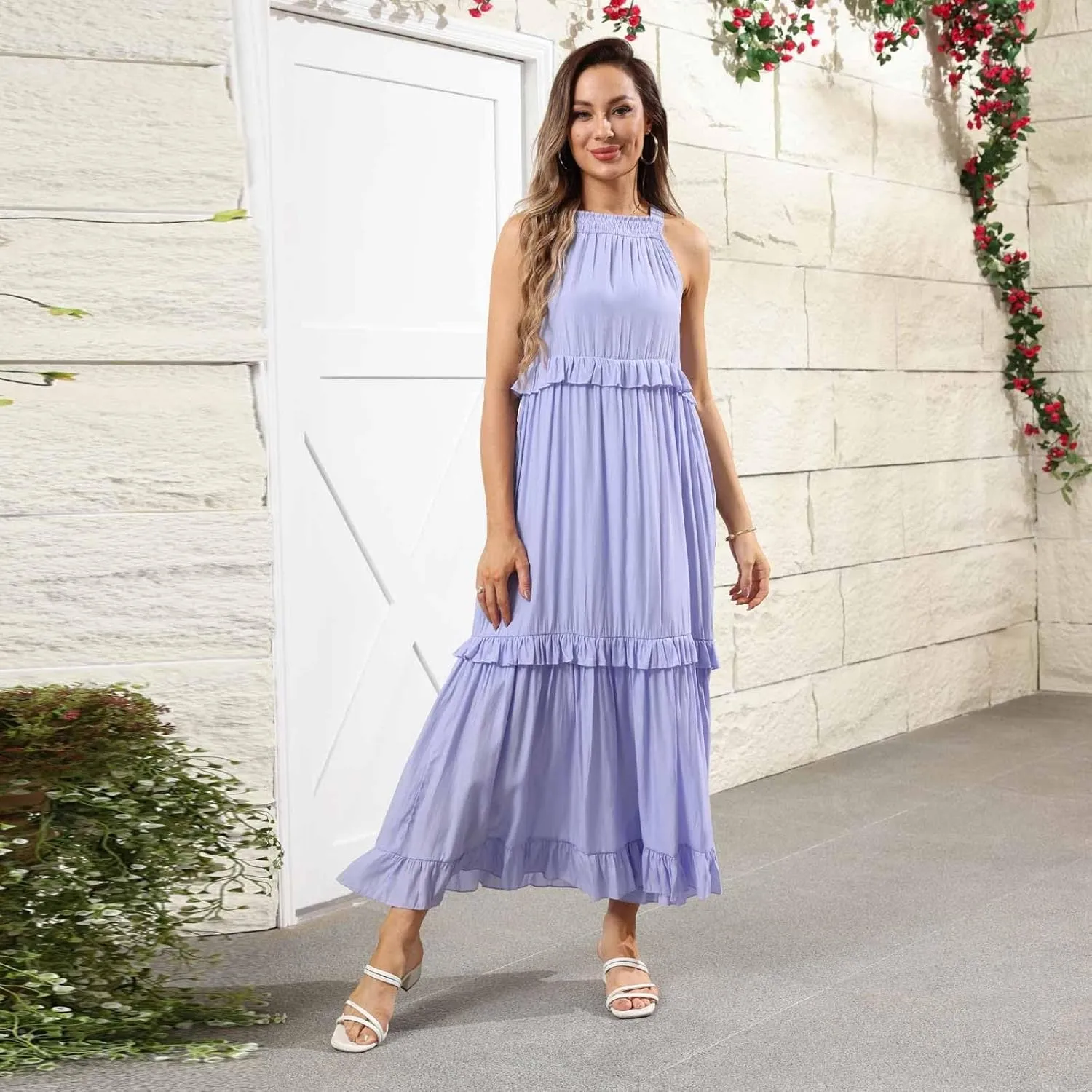 Halter Maxi Dresses for Women Flowy Summer Sleeveless Ruffle Dress Summer Smocked Layered Formal Long Dresses