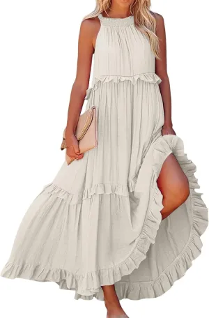 Halter Maxi Dresses for Women Flowy Summer Sleeveless Ruffle Dress Summer Smocked Layered Formal Long Dresses