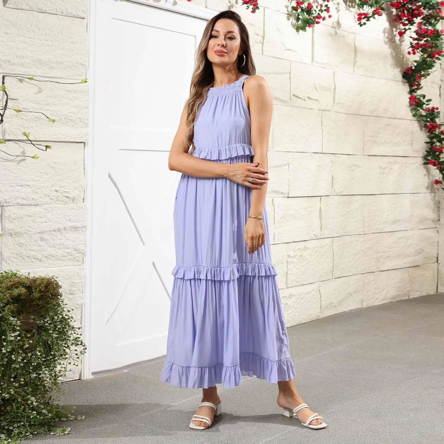 Halter Maxi Dresses for Women Flowy Summer Sleeveless Ruffle Dress Summer Smocked Layered Formal Long Dresses