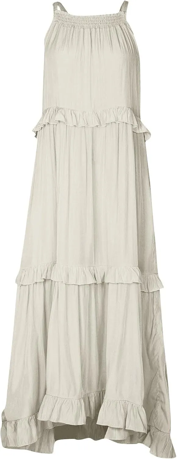 Halter Maxi Dresses for Women Flowy Summer Sleeveless Ruffle Dress Summer Smocked Layered Formal Long Dresses