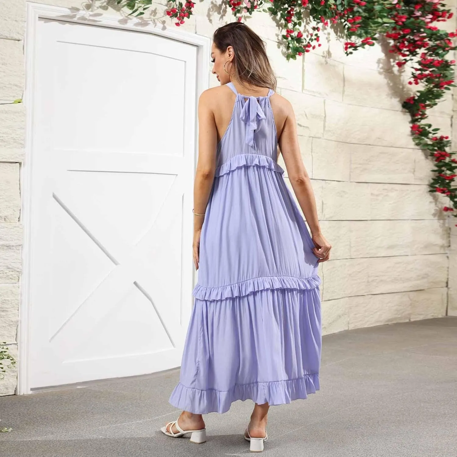 Halter Maxi Dresses for Women Flowy Summer Sleeveless Ruffle Dress Summer Smocked Layered Formal Long Dresses