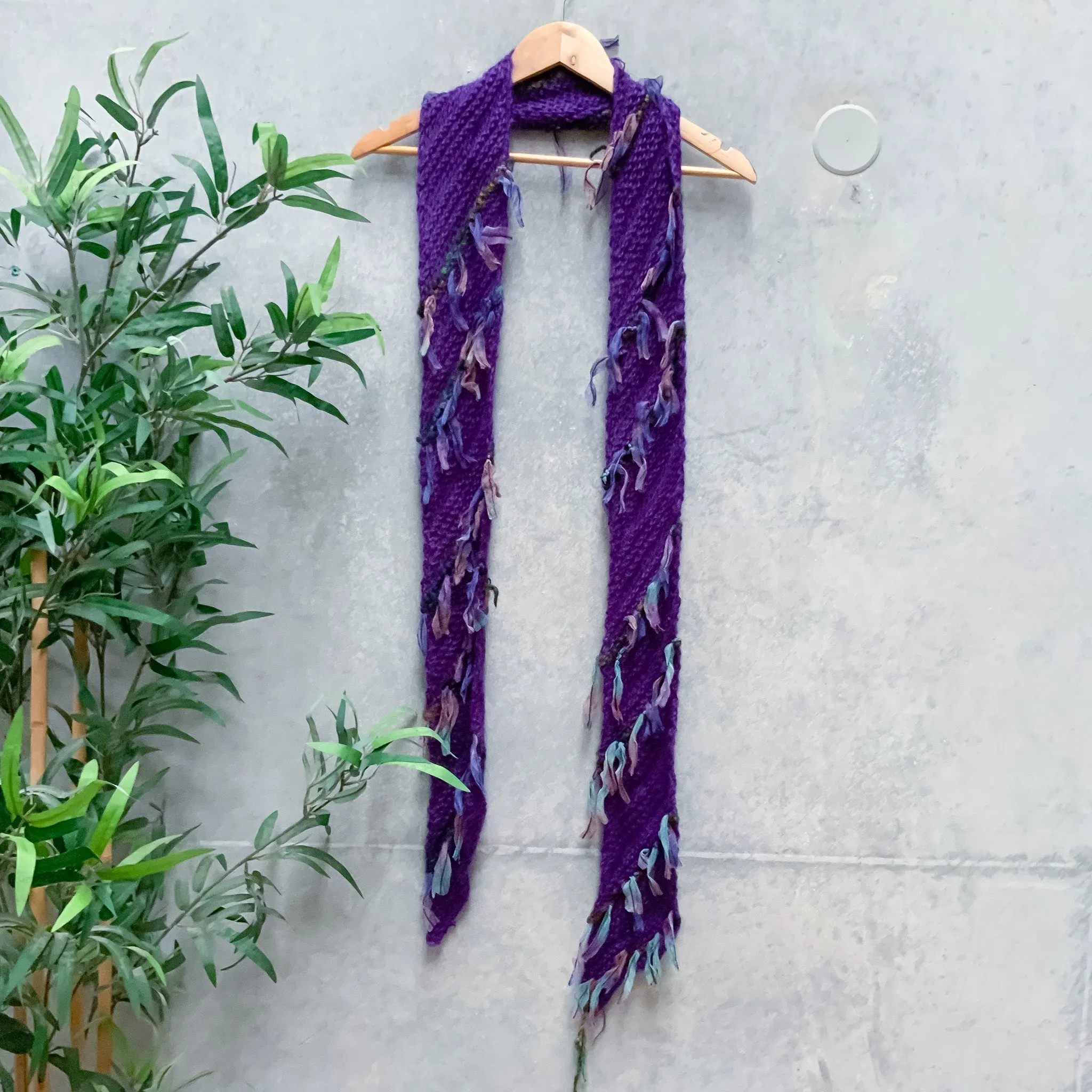 Hand Knitted Purple Wool Tasseled Scarf
