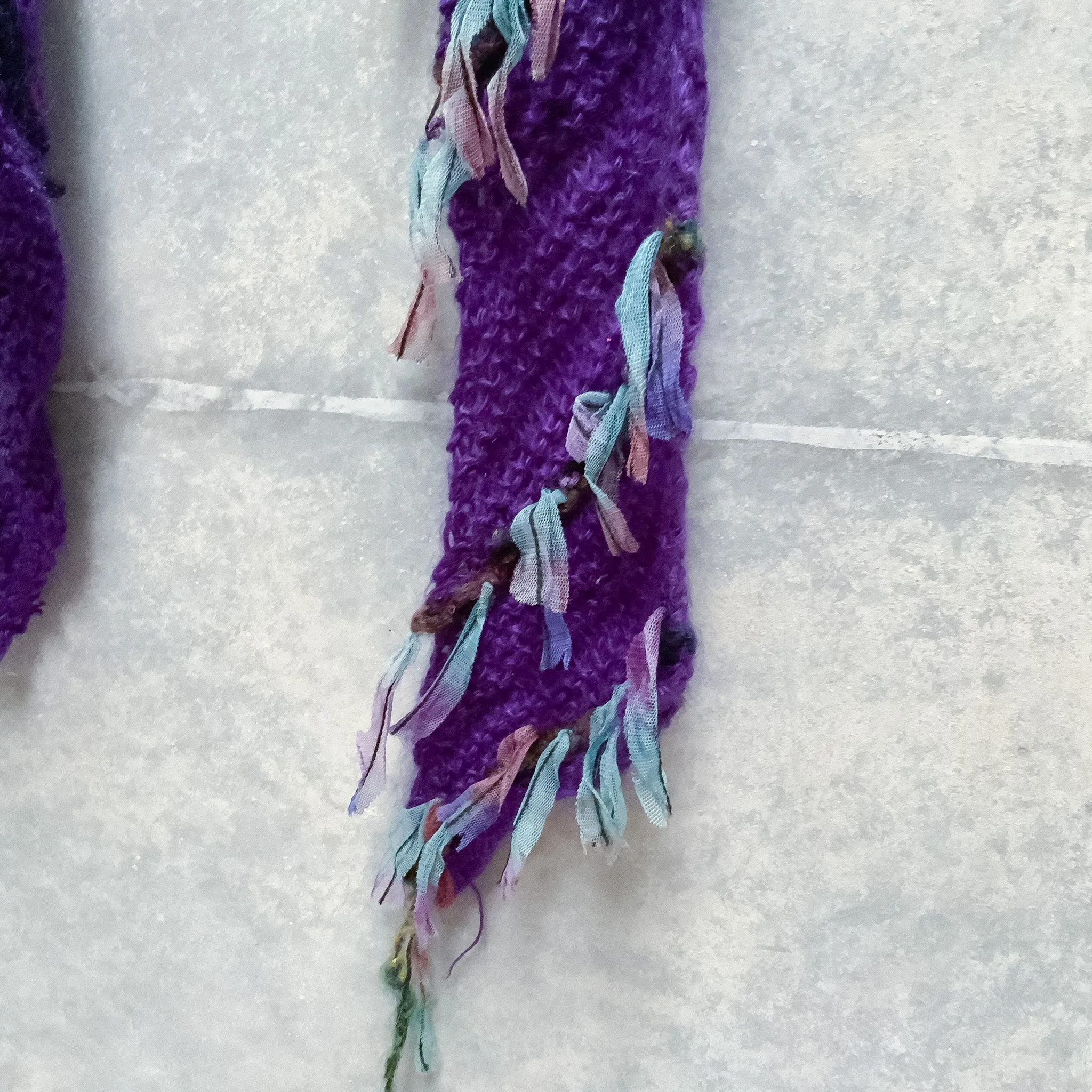 Hand Knitted Purple Wool Tasseled Scarf