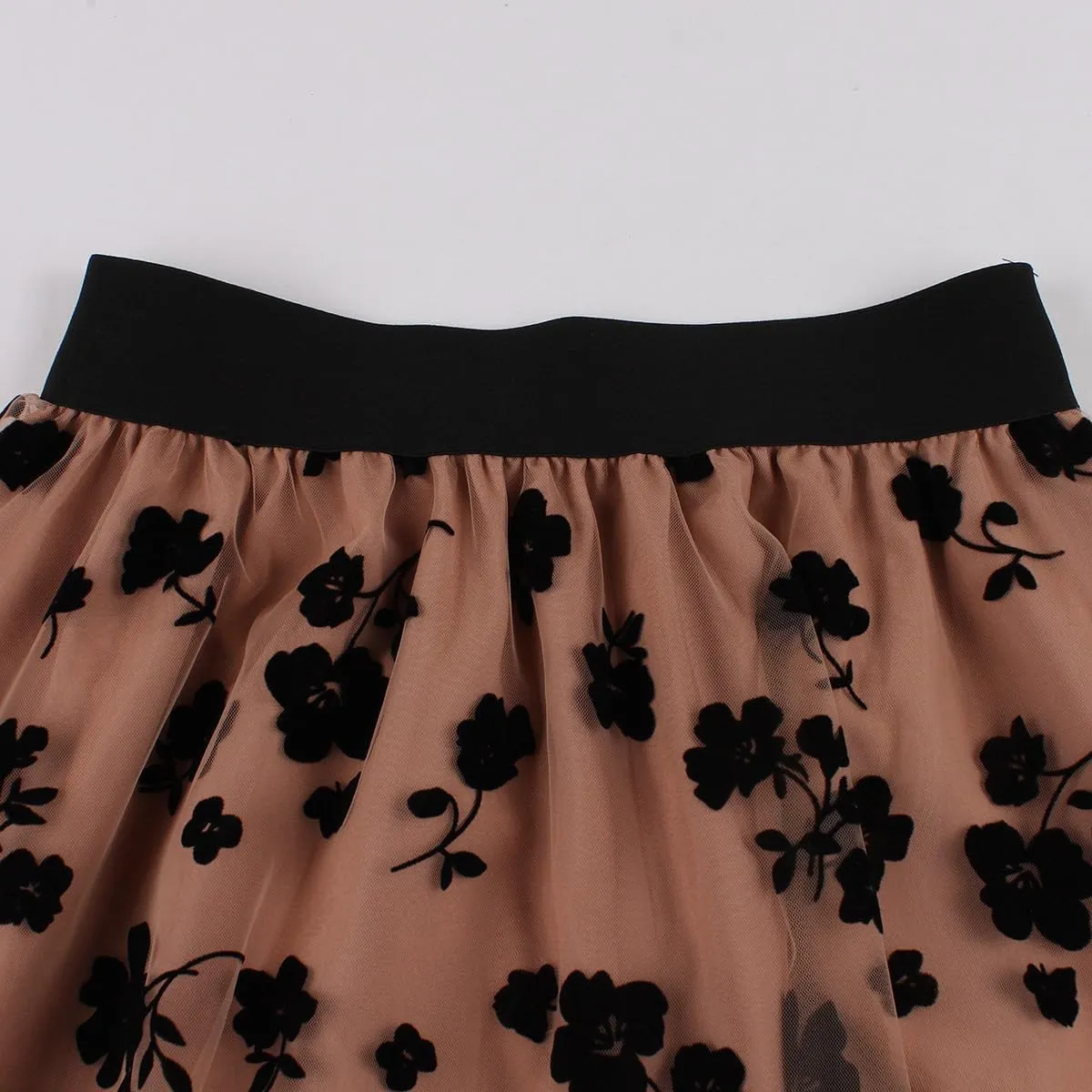 Heart Floral Long Tulle Skirts for Women Fairy Elastic High Waist Pleated A-Line Flared Midi Skirts Party Evening Tutu Skirt