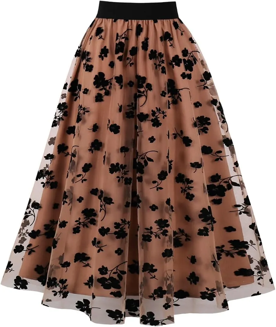 Heart Floral Long Tulle Skirts for Women Fairy Elastic High Waist Pleated A-Line Flared Midi Skirts Party Evening Tutu Skirt