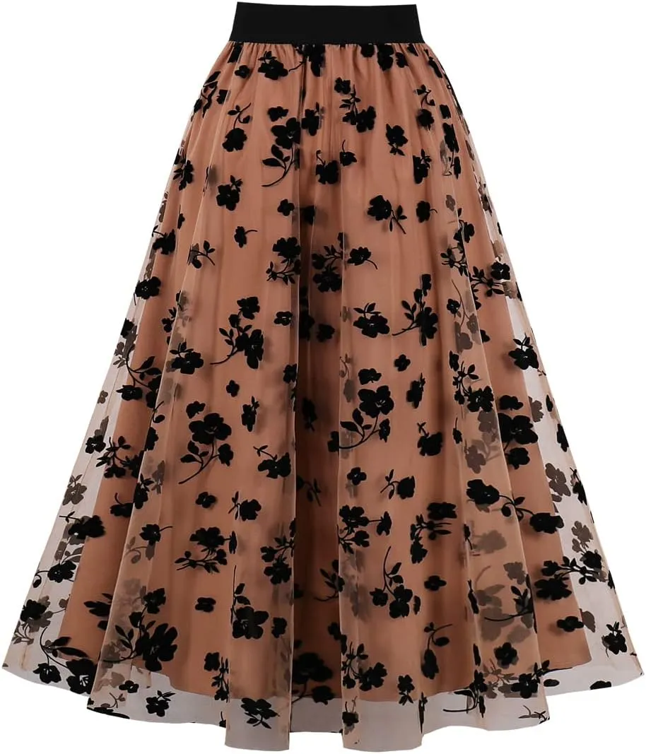 Heart Floral Long Tulle Skirts for Women Fairy Elastic High Waist Pleated A-Line Flared Midi Skirts Party Evening Tutu Skirt
