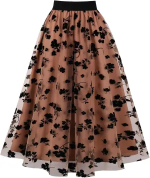 Heart Floral Long Tulle Skirts for Women Fairy Elastic High Waist Pleated A-Line Flared Midi Skirts Party Evening Tutu Skirt
