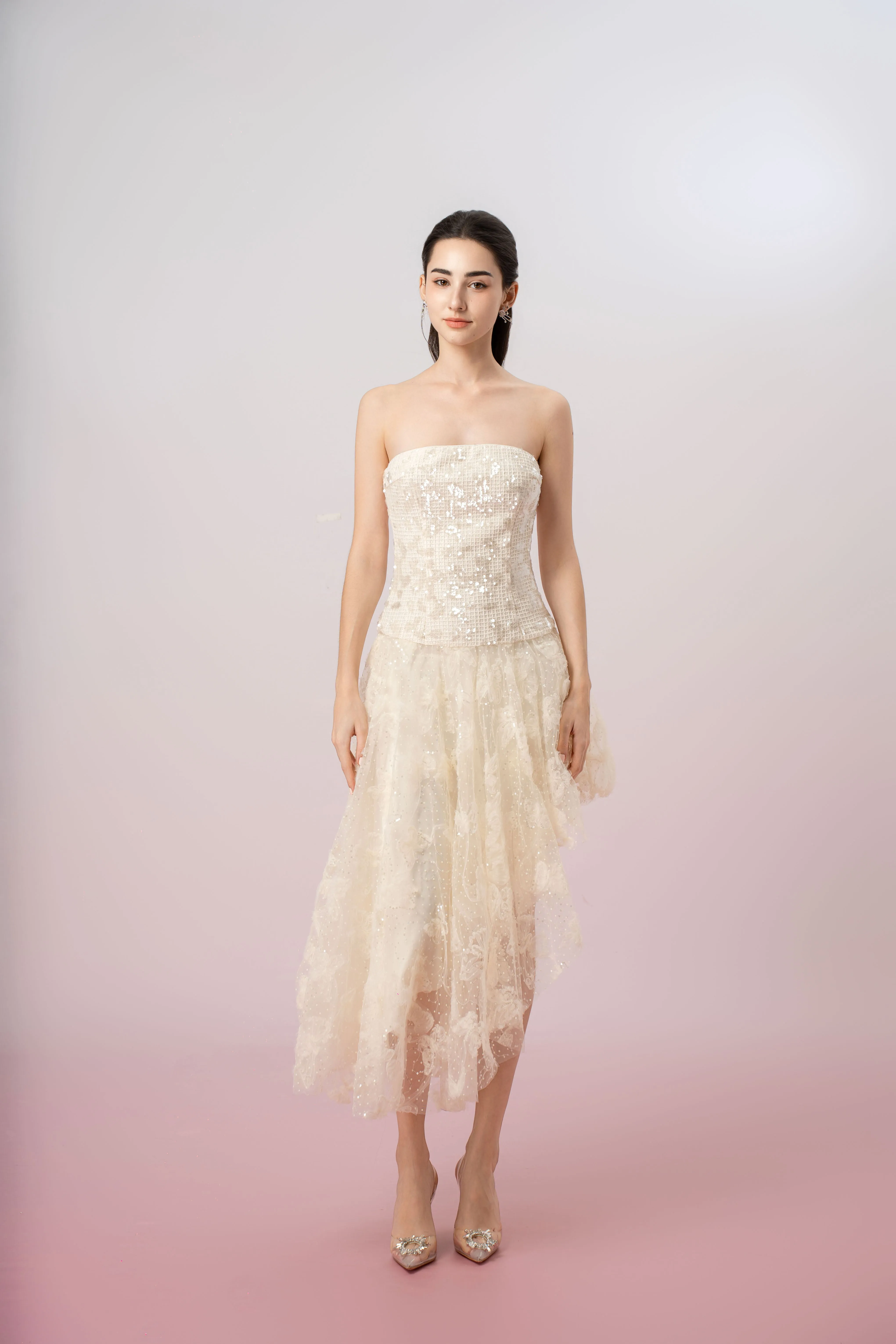 Heloise Cream Sequins And Mesh Asymmetrical Tube Dress