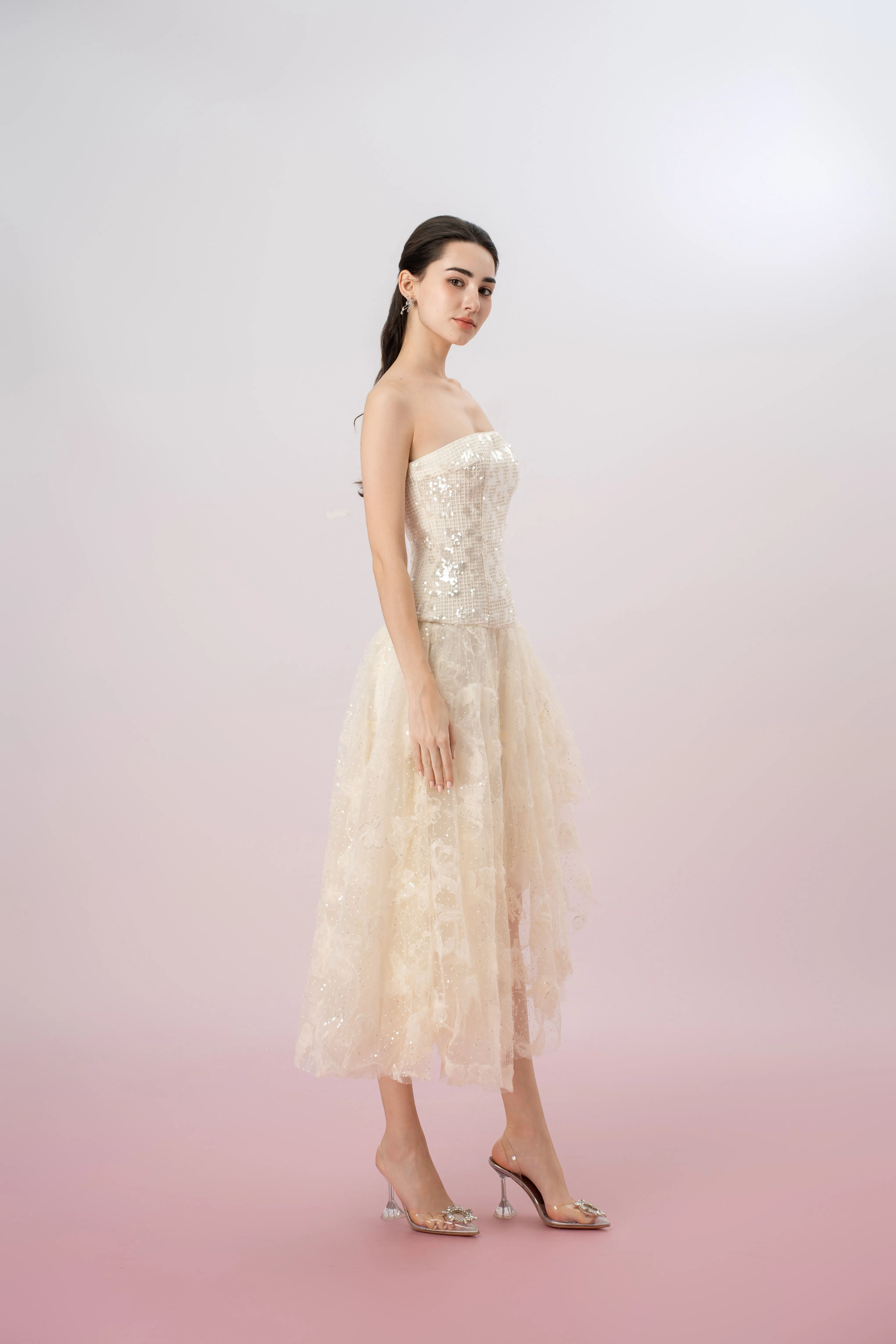 Heloise Cream Sequins And Mesh Asymmetrical Tube Dress