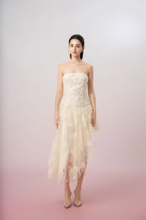 Heloise Cream Sequins And Mesh Asymmetrical Tube Dress