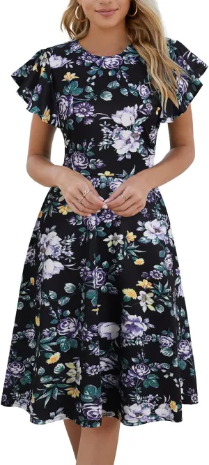 HELYO Women's Semi-Formal Ruffle Sleeves V-Back Work Fit and Flare Cocktail Wedding Guest Dress with Pockets 842