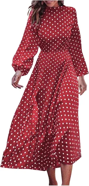 HGOOGY Boho Maxi Dresses for Women 2023 Ruched Flowy Polka Dot Dress Plus Size Modest Long Slim Fit A-Line Sundress