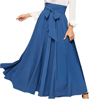 HGps8w Flowy Maxi Skirts for Women Vintage Solid Color Tie Waist A-Line Swing Casual Skirt Elegant High Waisted Long Skirt