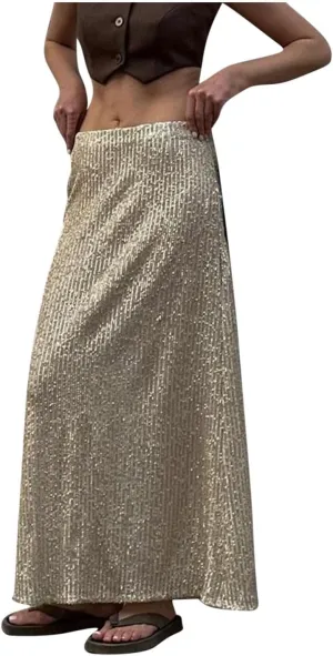 HGps8w Shiny Sparkly Sequin Maxi Skirt for Women Sexy Glitter High Waist Stretch Long Skirts Night Out Bodycon Party Clubwear