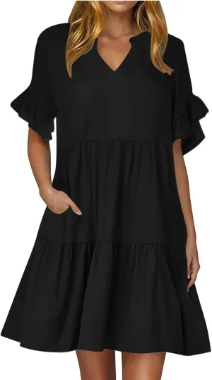 HGps8w Summer Dresses for Women 2025 Ruffle A-Line Mini Dress Loose V Neck Short Sleeve Casual One Piece Skirts with Pocket