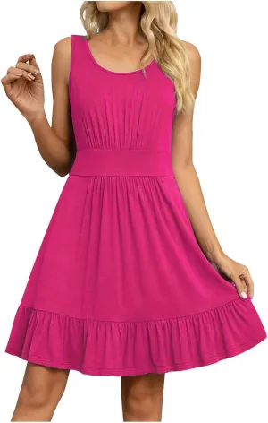 HGps8w Women's Beach Sundress Casual Solid 2025 Summer Sleeveless Loose Ruffle Hem A Line Mini Tank Dresses