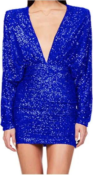 HGps8w Women's Sexy V Neck Batwing Sequin Mini Party Dress Sparkly Glitter Elegant Long Sleeve Bodycon Formal Dresses