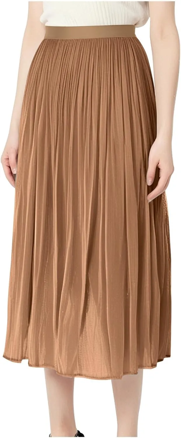 HGps8w Women's Streamer Tulle Skirts Elastic High Waist Pleated Mesh Flowy A-Line Party Midi Long Tutu Skirts