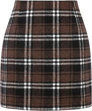 High Waisted Plaid Skirts for Women Bodycon Mini Wool Pencil Skirt Comfy Cute Wrap Trendy Stretchy Satin Tweed Skirt
