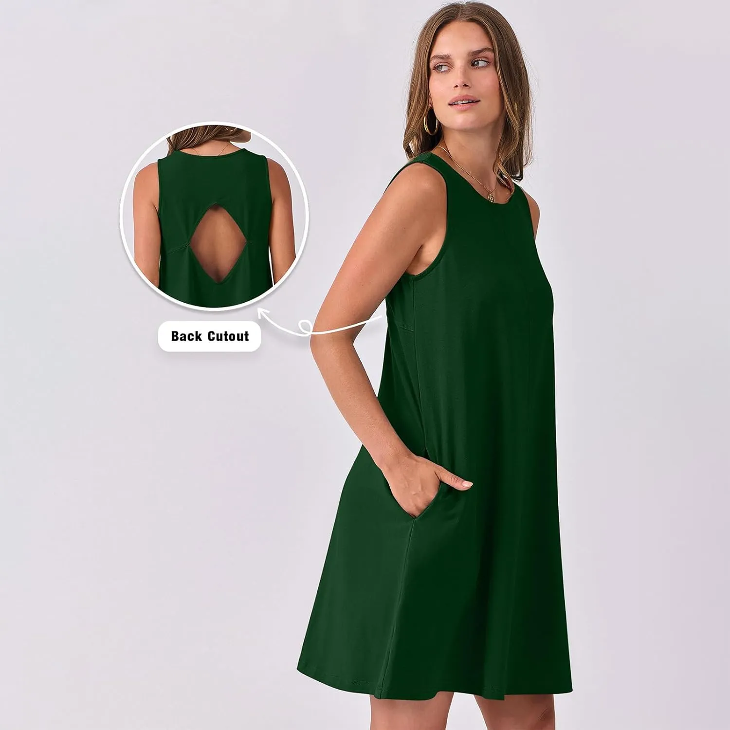 hlysgo A Line Dresses for Women Summer Cutout Back Sleeveless Mini Sundress Casual Loose Fit Coverup Beach Dress with Pocket