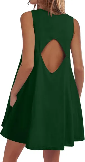 hlysgo A Line Dresses for Women Summer Cutout Back Sleeveless Mini Sundress Casual Loose Fit Coverup Beach Dress with Pocket