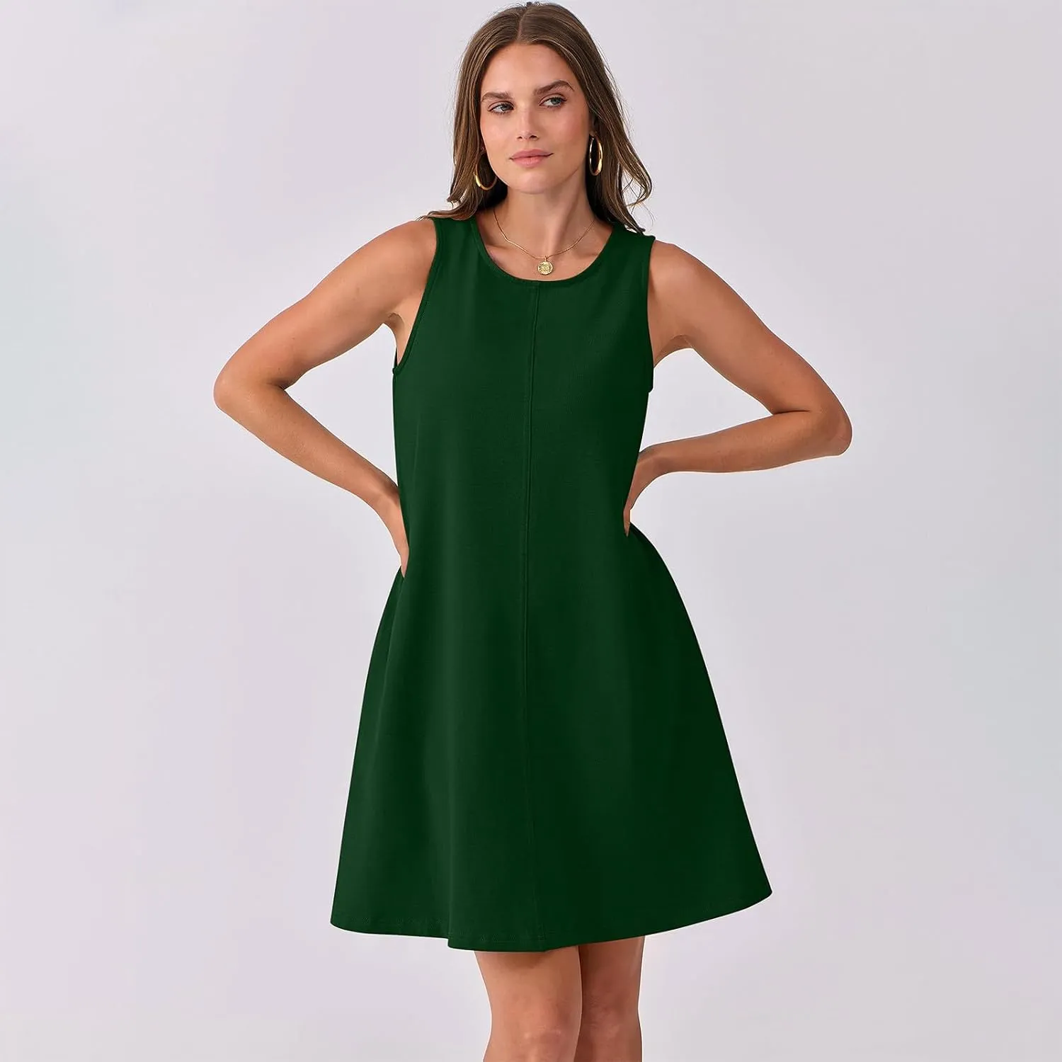 hlysgo A Line Dresses for Women Summer Cutout Back Sleeveless Mini Sundress Casual Loose Fit Coverup Beach Dress with Pocket