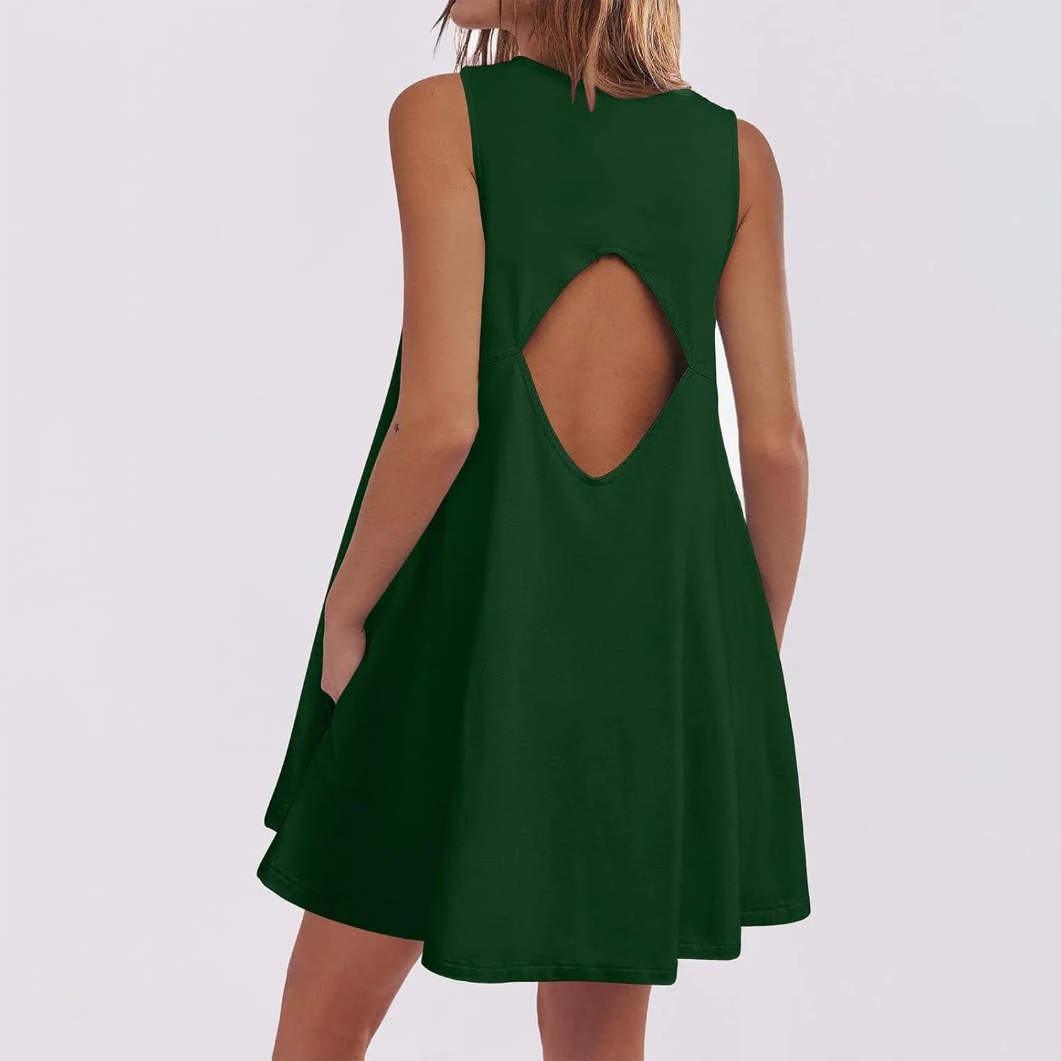 hlysgo A Line Dresses for Women Summer Cutout Back Sleeveless Mini Sundress Casual Loose Fit Coverup Beach Dress with Pocket