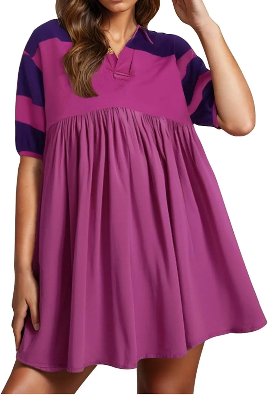 hlysgo Babydoll Dress for Women 2025 Summer Cute Short Sleeve V Neck Mini Dresses Casual Loose Fit A-Line Swing Shirt Dress