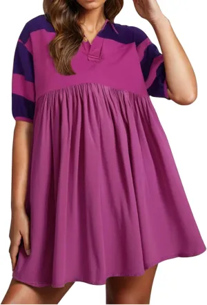 hlysgo Babydoll Dress for Women 2025 Summer Cute Short Sleeve V Neck Mini Dresses Casual Loose Fit A-Line Swing Shirt Dress