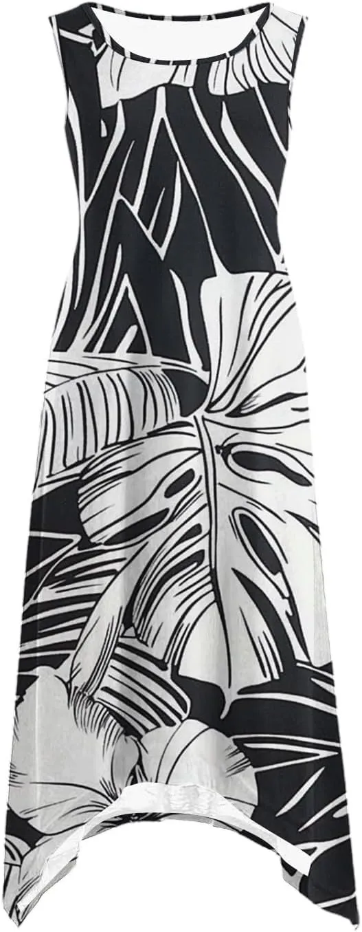 hlysgo Floral Dress for Women 2025 Casual Loose Sleeveless Crew Neck Midi Dresses Summer Boho Beach Sundress for Teen Girls