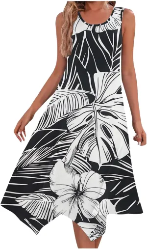 hlysgo Floral Dress for Women 2025 Casual Loose Sleeveless Crew Neck Midi Dresses Summer Boho Beach Sundress for Teen Girls