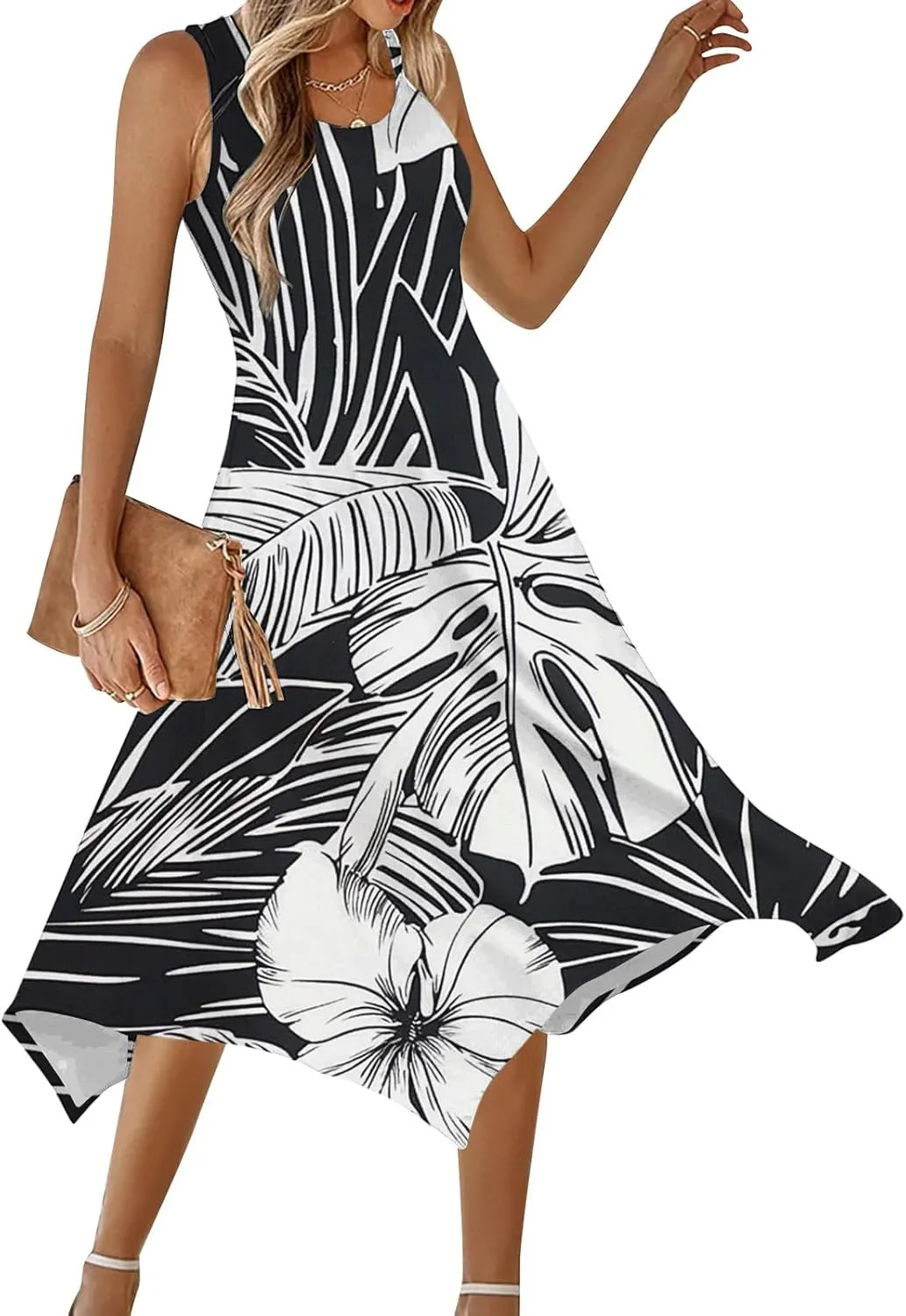 hlysgo Floral Dress for Women 2025 Casual Loose Sleeveless Crew Neck Midi Dresses Summer Boho Beach Sundress for Teen Girls