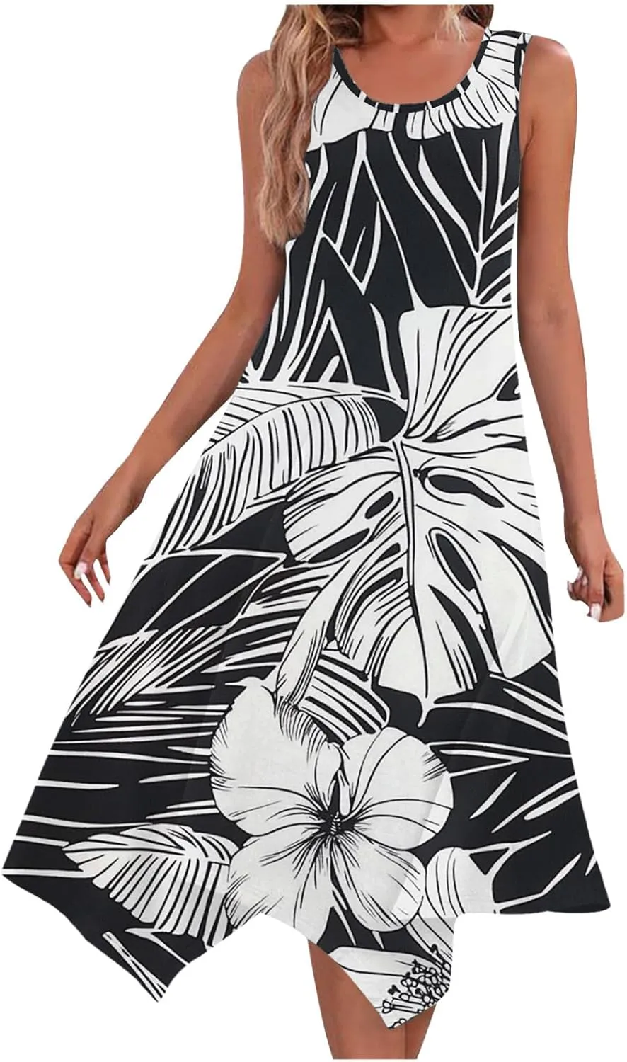hlysgo Floral Dress for Women 2025 Casual Loose Sleeveless Crew Neck Midi Dresses Summer Boho Beach Sundress for Teen Girls
