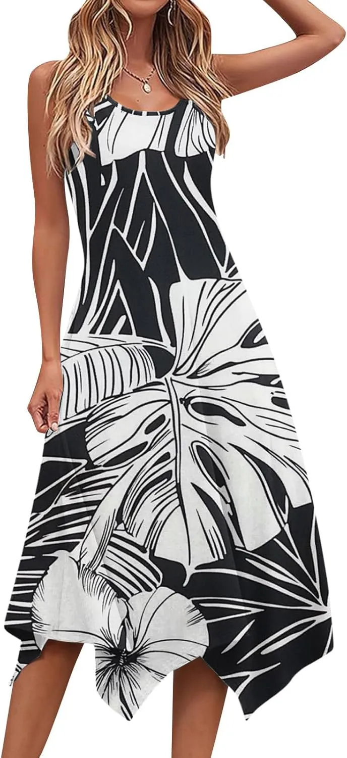 hlysgo Floral Dress for Women 2025 Casual Loose Sleeveless Crew Neck Midi Dresses Summer Boho Beach Sundress for Teen Girls