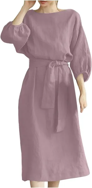hlysgo Holiday Dresses for Women 2025 Plus Size Half Sleeve Crew Neck Midi Dress Summer Tie-Belt Cotton Linen Casual Dress